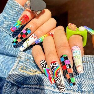 24 Colorful Fake Nails Press On Long Coffin Sexy Multi Color Grafitti Hippie